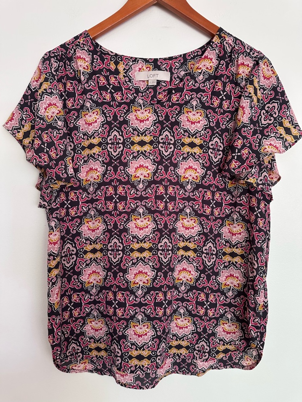 LOFT Black Pink & Yellow Floral Ruffle Sleeve Blouse Top Size Small